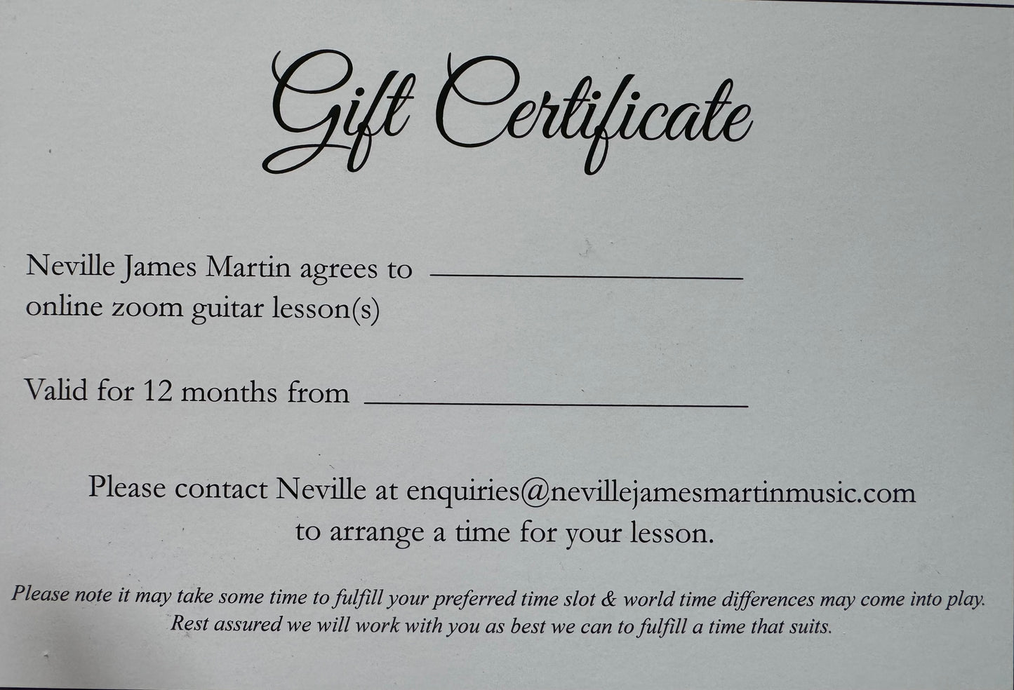 Online 30 Minute Zoom Lesson / Chat. Physical Gift Certificate